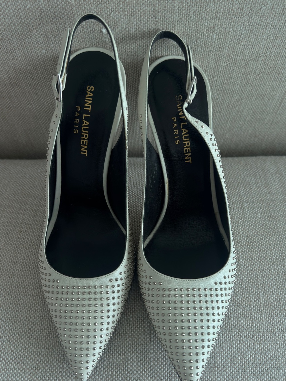 Saint Laurent White Studded Pointed Slingback Pumps